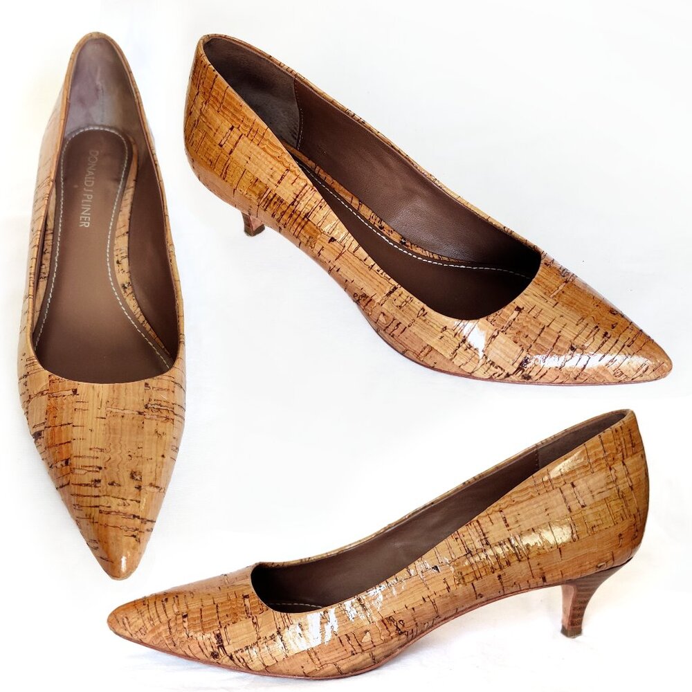 Donald J. Pliner Patent Leather Cork Kitten Pointed Toe Heels 6 M EUC